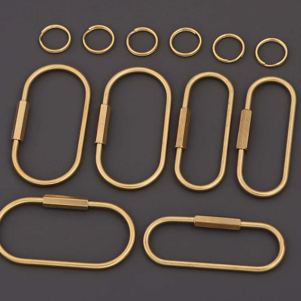 2 Stück/Set Messing-Schlüsselanhänger mit Schloss D-Schlüsselanhänger Camping-Karabiner Überlebens-Campingausrüstung Schnallen Haken Schlüsselring Zubehör – Detail 6