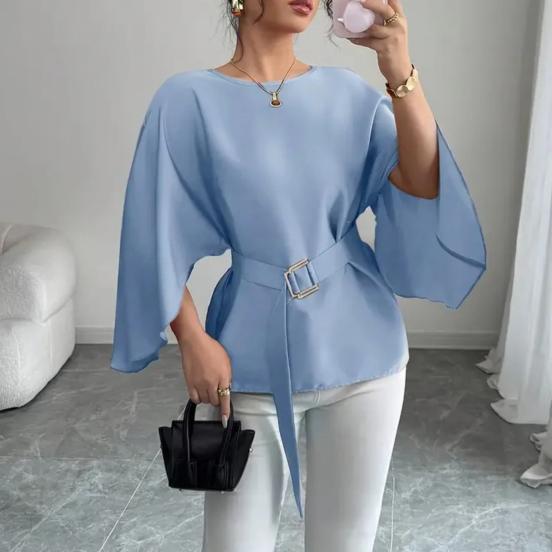 

Elegant Solid Color Satin Women's Shirt with Round Neck Trumpet Shaped Bat Sleeves Waist Belt Waistband Casual Temperament Top