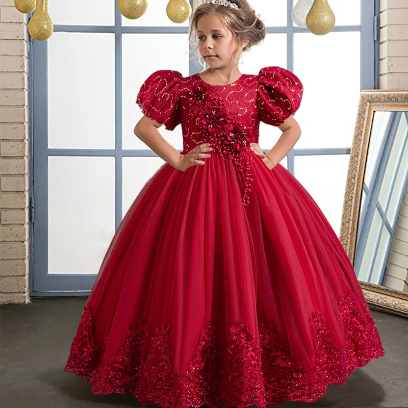 New mesh flower girl bubble sleeve wedding banquet girl formal evening dress Christmas birthday party girl princess dress