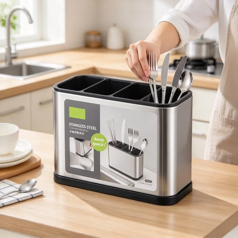 Stainless Steel Utensil Holder with Drain Holes, Rustproof Anti-Slip Cutlery Caddy for Kitchen Counter Spoon Fork Storage