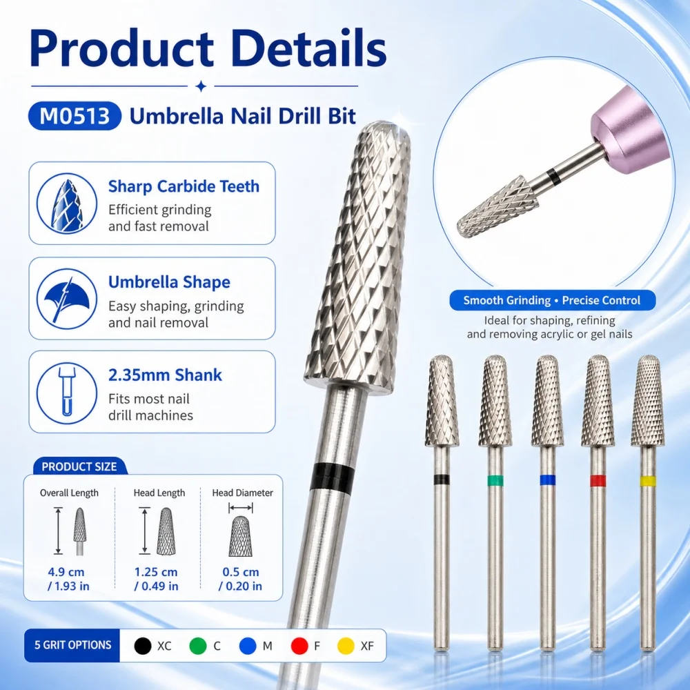 Broca de Aleación en Forma de Paraguas para Uñas – Cabezal de Pulido Profesional de 2.35mm para Manicura y Pedicura, Herramienta de Arte de Uñas