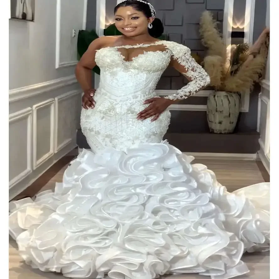 Customized Arabic Plus Size Mermaid White Wedding Dress For Bride Lace Beaded Tiers Organza Bridal Gowns Dresses