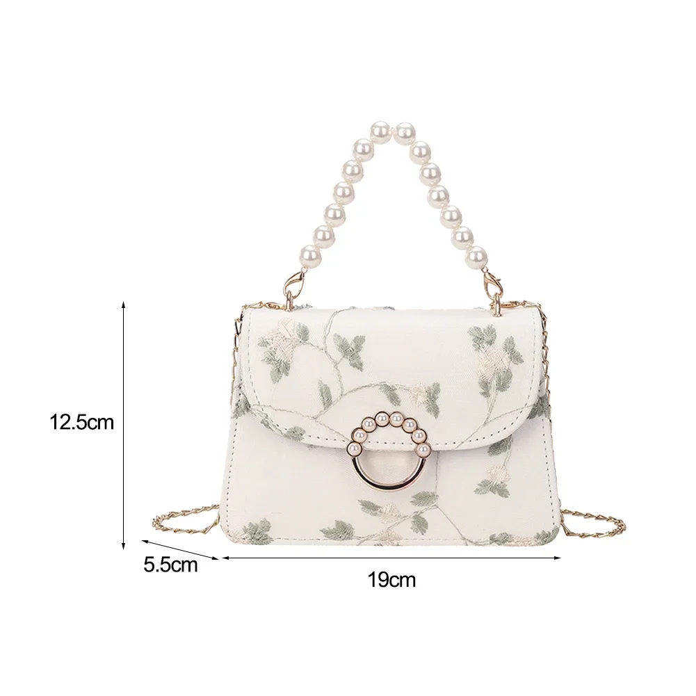 Women Vintage Pearl Chain Handbags PU Net Yarn Flower Embroidery Female Shoulder Bag Messenger Bag Small Tote Bag Crossbody Bags