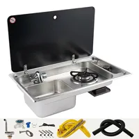 RV Sink with One Burner Gas Stove Hot/Cold Faucet 304 Stainless Steel Cutting Board for Caravan Motorhome Boat Yacht Kitchen