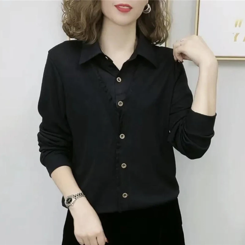 6XL Fashion Long Sleeved Fake Two Piece Shirt Female Tops Spring Autumn Winter Add Velvet Bottom Shirt Women\'s T-Shirt Blouse