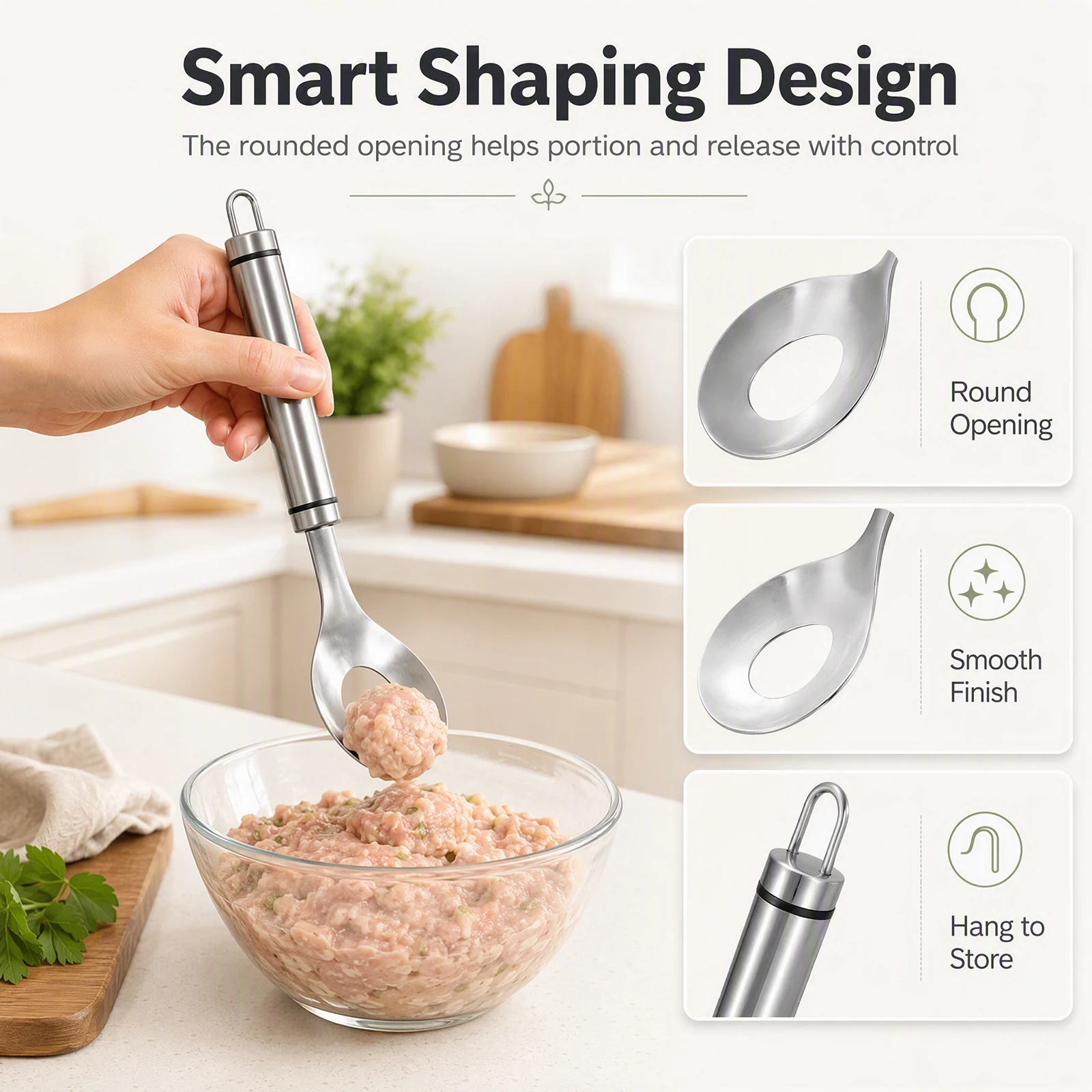 Stainless Steel Meatball Maker Spoon Non-Stick Round Food Shaper with Hang Ring for Shaping Homemade Round Food Fish Meat Ball