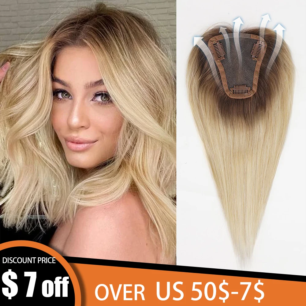 Blonde Cabelo Humano Topper para Mulheres, queda de cabelo Loss Cover, cabelos grisalhos, parte média, Silk Base Clip Pieces, Extensão