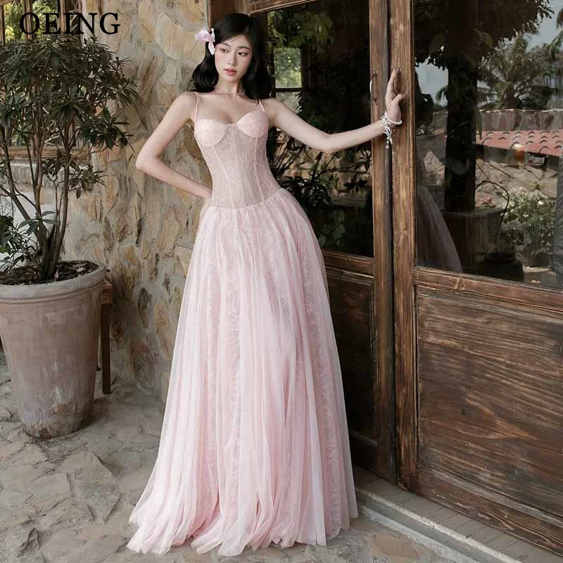 

OEING Pastel A-Line Pink Prom Dress Spaghetti Strap Sweetheart Draped Illusion Party Gowns Floor-Length Evening Dress Customized
