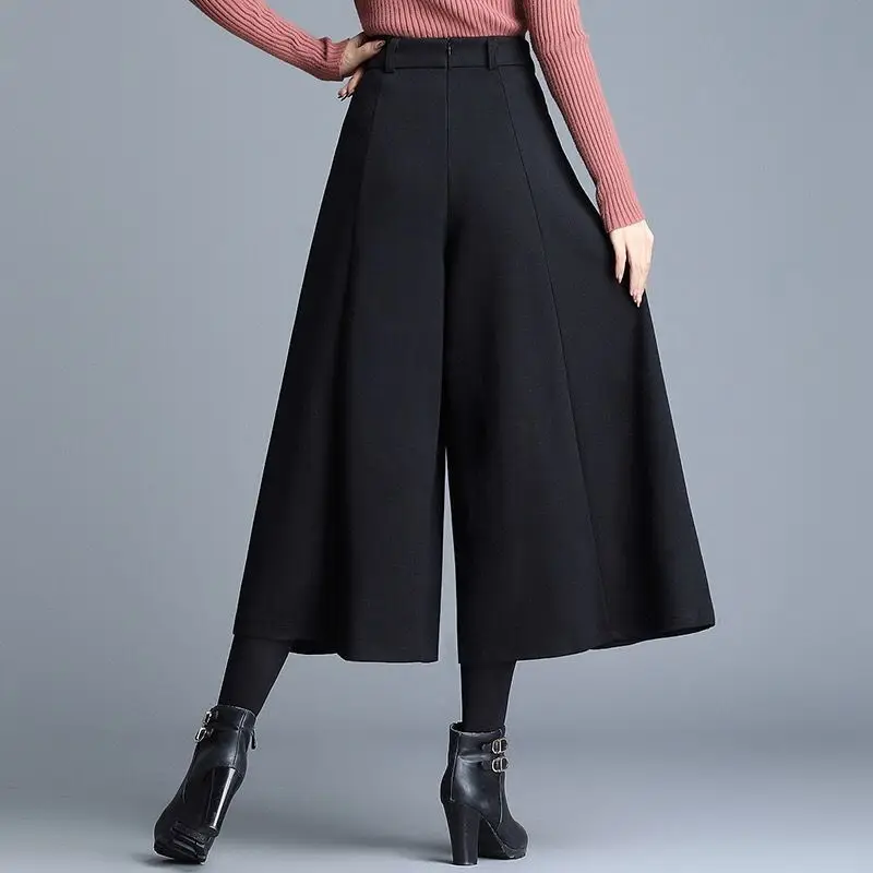 Autumn Winter Women's Woolen Pants New Solid Pocket Elastic High Waist Fashion Elegant Loose Wide Leg Ankle Length Trousers