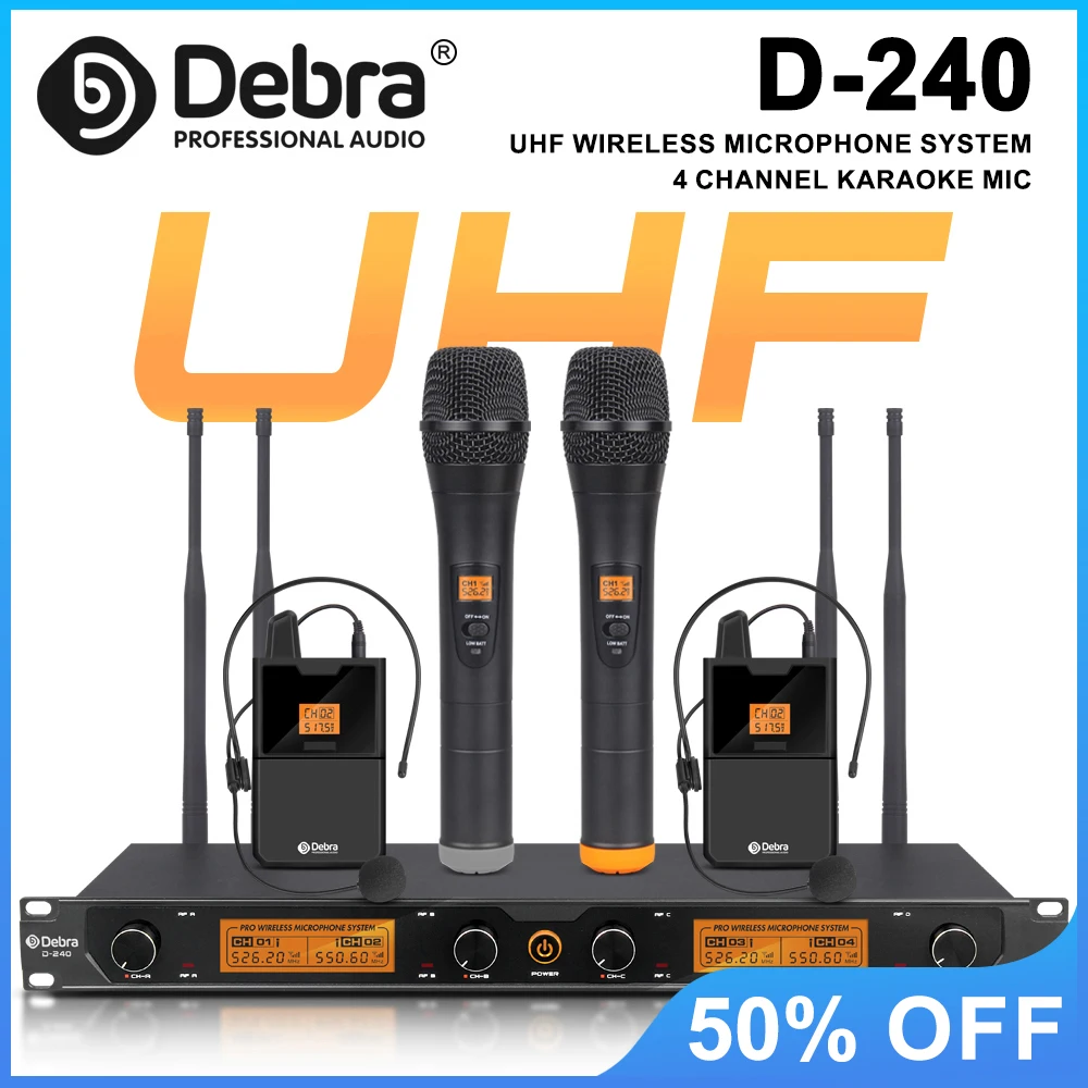 

Audio D-240 4-channel UHF wireless microphone system with handheld headworn lavalier microphone for conference presentations
