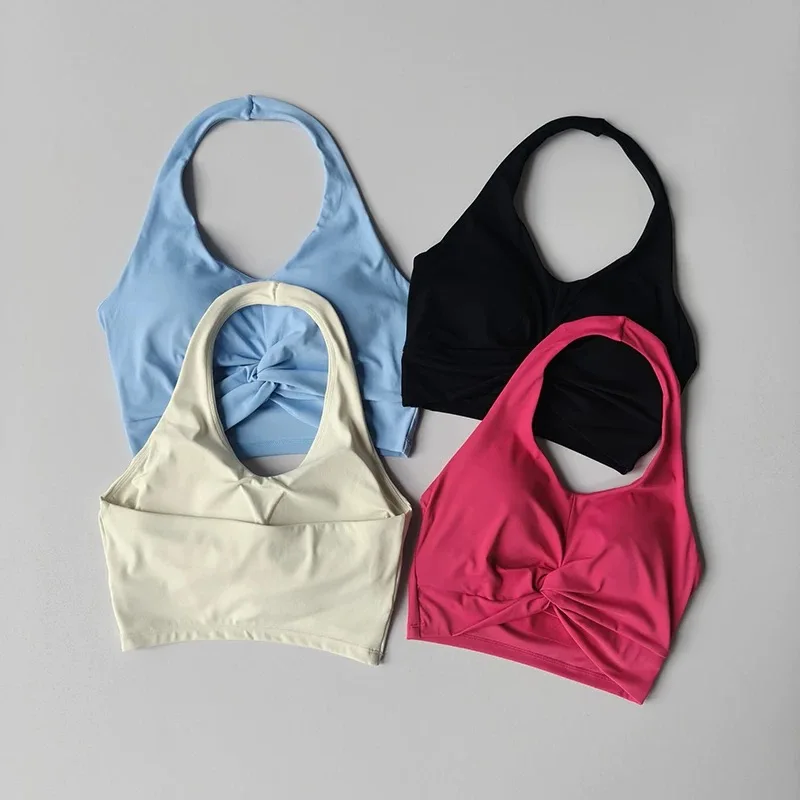 Women's Pilates Yoga Clothes Quick Drying Summer Neck Hanging Backless Gym Top for Running Training Exercise