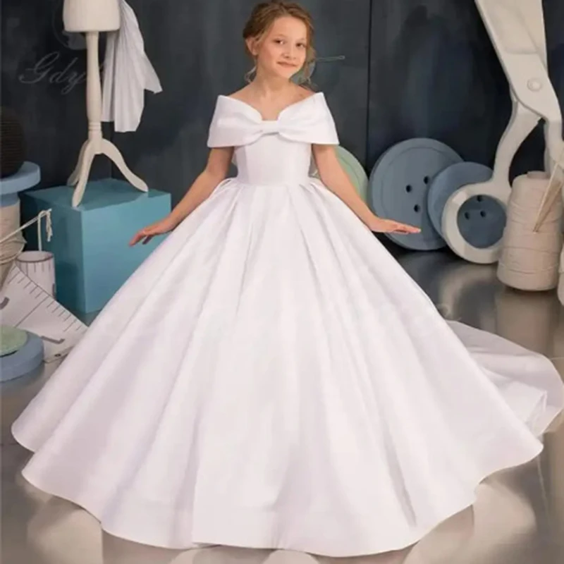 

Big Bow Satin Elegant Flower Girl Dresses With Train First Communion Dress Customized Party Ball Gowns Little Girl Wedding Gown