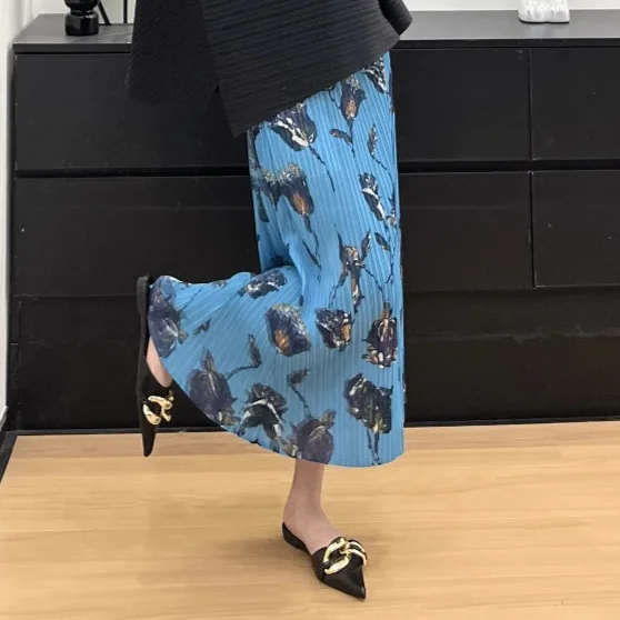 Miyake Modna Casualowa Uniwersalna Spódnica Miyake Elastyczna Talia Plisowana Damska Drukowana Luźna Spódnica do Połowy Łydki Nowość na Lato 2025