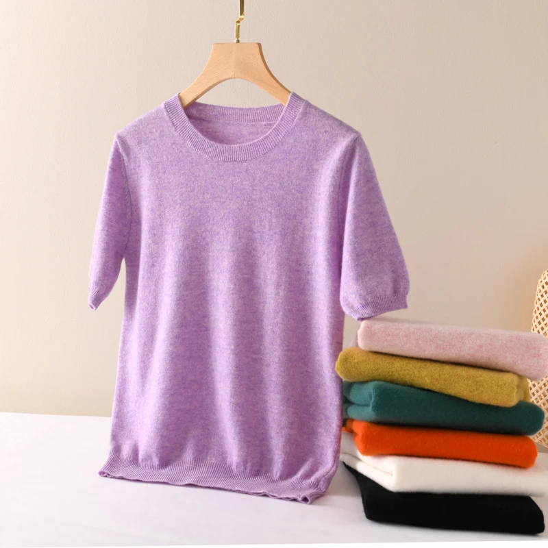 

Women's Sweater 100% Merino Wool Sweater for Women Pullover Short Sleeve Tops Spring Summer O Neck Soft Knitted Female Clothing
