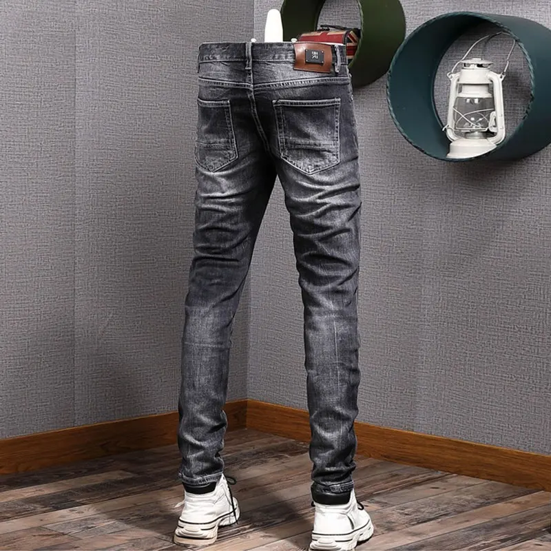 Newly Designer Fashion Men Jeans Retro Black Gray Stretch Slim Fit Vintage Ripped Jeans Men Patched Designer Hip Hop Denim Pants