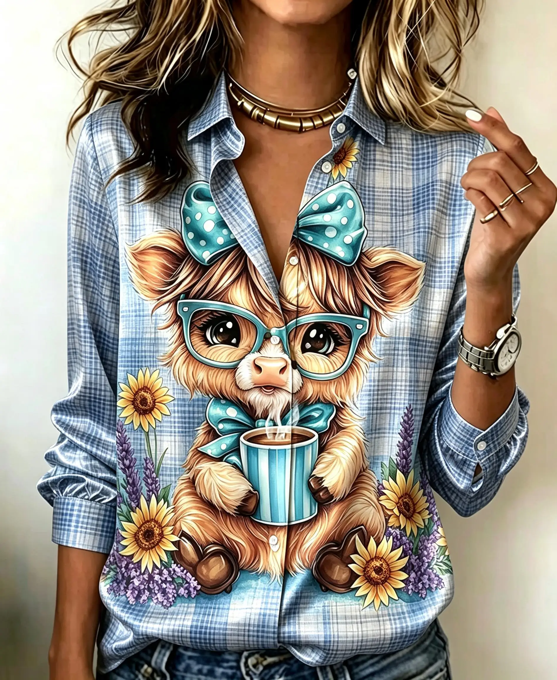 Women Cute Cartoon Animal Graphic Plaid Print Long Sleeve Button Down Shirt Turn‑down Collar Casual Fashion Blouse