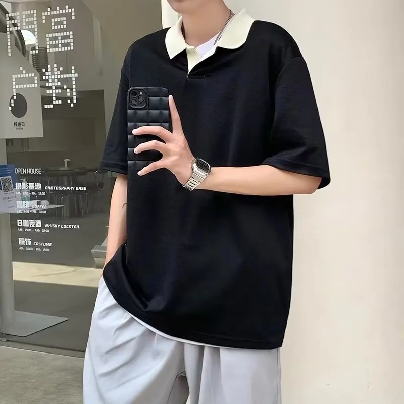 Contrasting Color Lapel Knitted Short-sleeved POLO Shirt Men's Trendy Brand Casual Loose Japanese Solid Color Youth T-shirt