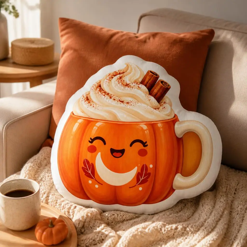Pumpkin Spice Latte Pillow Cute Autumn Coffee Mug Cushion Shaped Throw Pillow Fall Home Decor Sofa Bedroom Gift Plush Stuffed