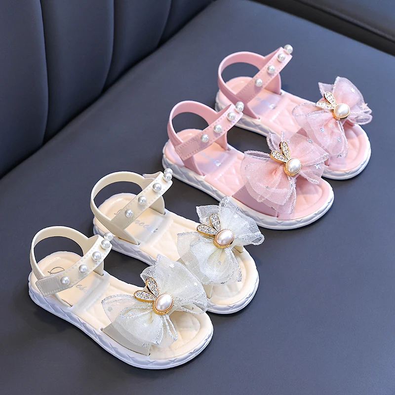 Summer Pretty Bow Beading Decoration Sandals For Aged 1-7 Girls Children Slippers Non-slip Seabeach Flip Flops Home Kids Shoes