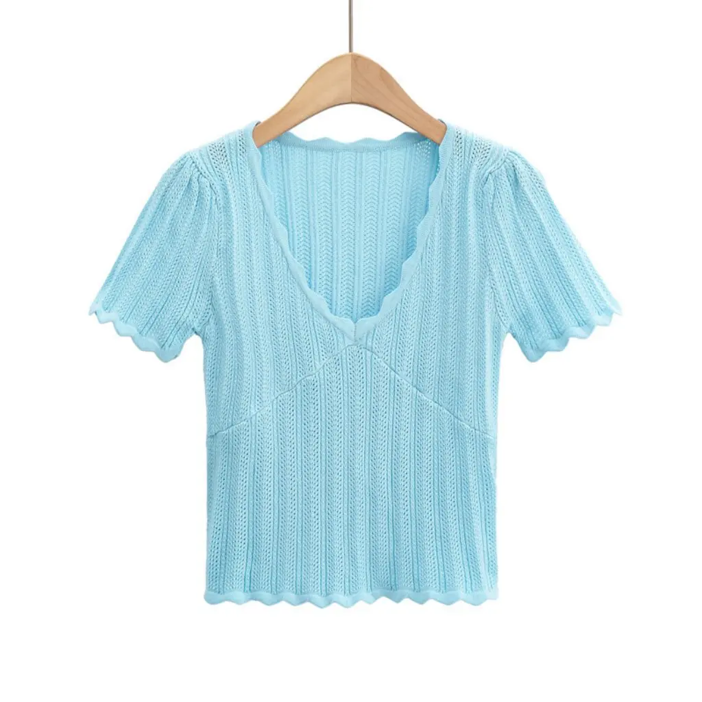 

Women's Wave Edge V-Neck Knitted T-Shirt Slim-Fit Hollow-Out Elastic Short-Sleeved Top Summer Fashion Stitching