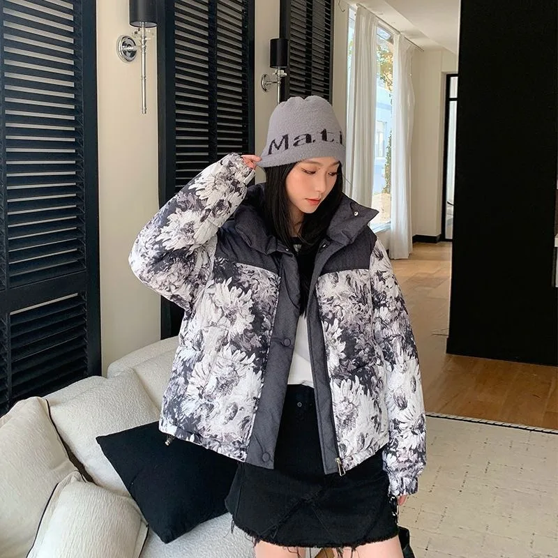 

Down Cotton-padded Jacket Cotton-padded Jacket Women Short Printed Stand-up Collar New Bread Coat Niche Outerwear Fwomen Winter