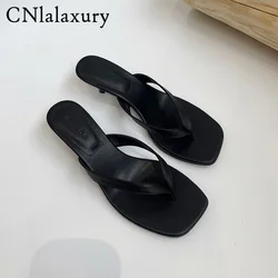 High Quality Women Slipper Genuine Leather Narrow Band Slip On Flip Flop Square Low Heel Slides Shoes Summer Heels Sandals