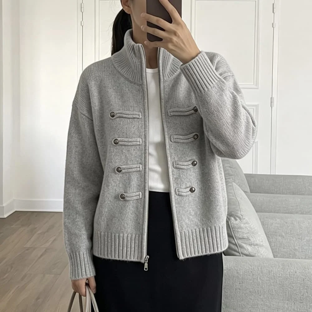 Knit Sweater for Women in Solid Color with High Neck and Full Zipper Suitable for Summer Vacation and Outdoor Activities