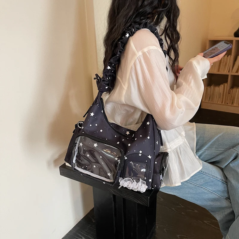 Stadium Approved Clear Nylon Zipper Shoulder Bag Transparent Pocket Ruched Strap Handbag Star Pattern Youth Casual Crossbody Bag