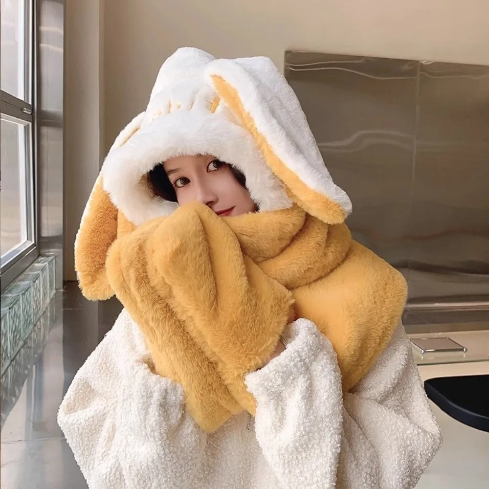 Carino sciarpa con cappuccio 3 in 1 tenere al caldo addensare sciarpa di peluche cappello guanti set protezione per le orecchie antivento cappello invernale all'aperto