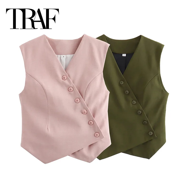 TRAF Asymmetric Women Vest Cropped Sleeveless Jacket Women Waistcoat Summer Office Women\'s Suit Vest Streetwear Short Coats