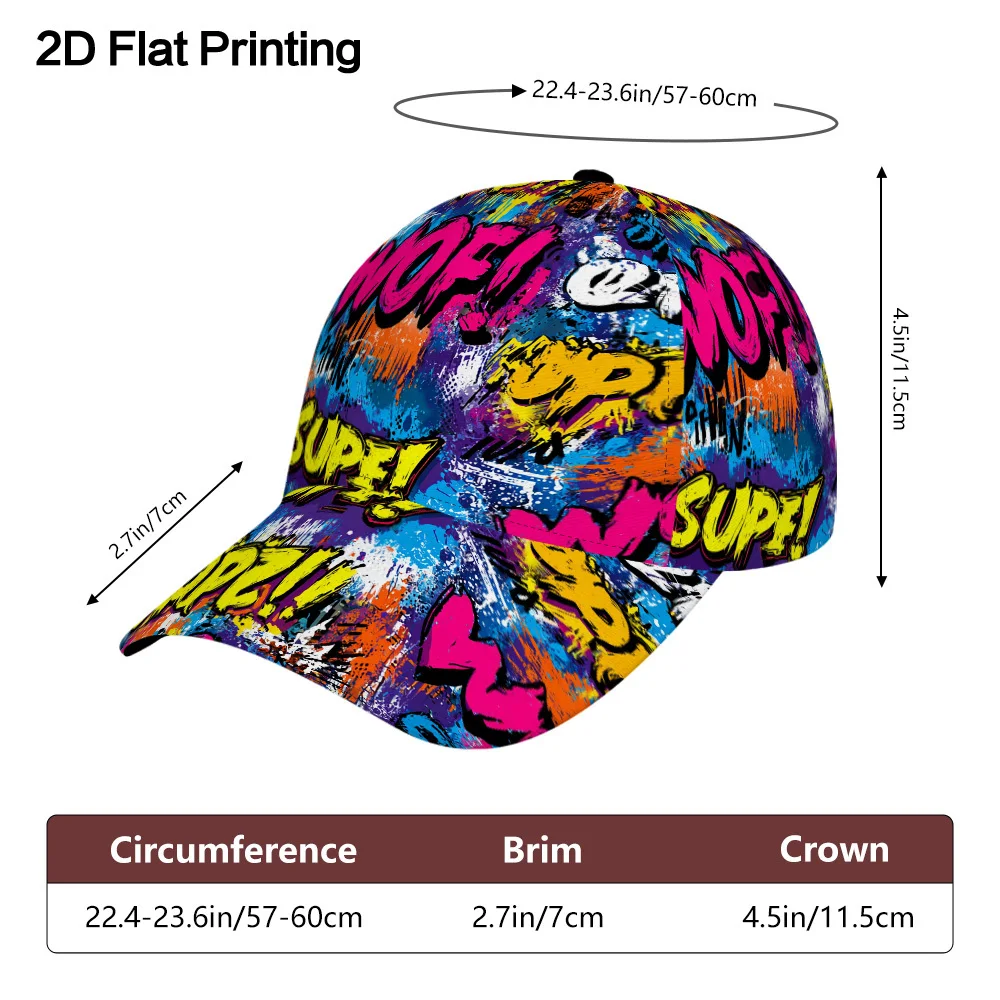 Graffiti Street Art Print Baseball Cap Colorful Pop Art Word Pattern Adjustable Dad Hat Hip Hop Summer Sun Hat for Men Women