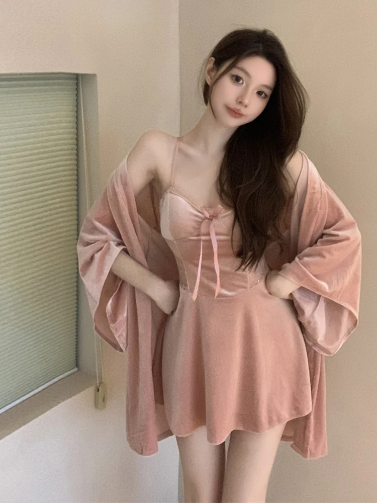 Sweet Pure Desire Pink Lace Velvet Waist-Cinching Cross Back Chemise Nightgown Robe Home Clothes Set Sexy Home Leisure Wear