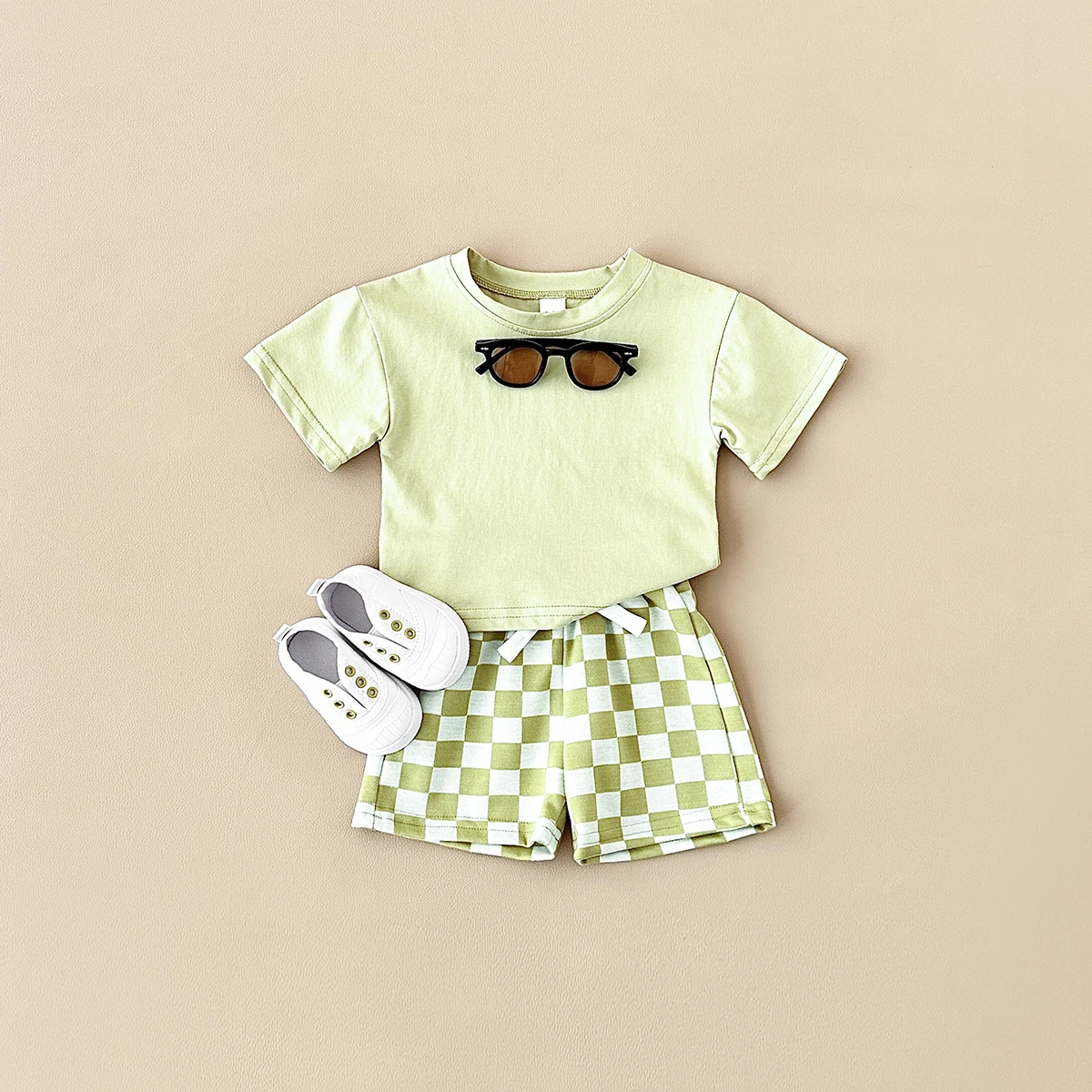 2024 Newborn Summer Boys Clothing Set Solid Color Short Sleeved T-shirt+Checkerboard Shorts Cotton Girls Casual Children Suit