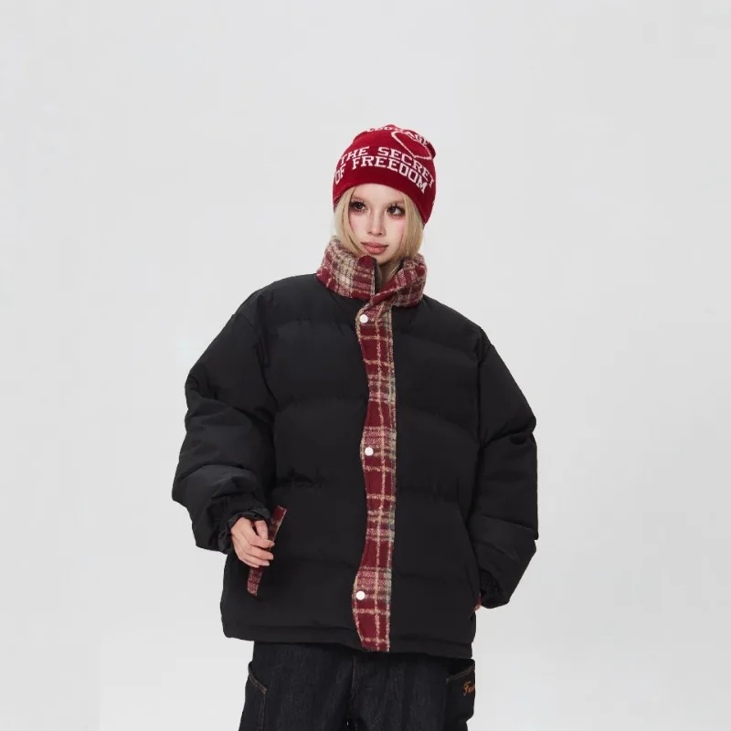 Plaid Patchwork Stand-Up Collar Cotton Jacket Women Winter Warm Vintage New Loose Thicken Puffer Coat Down-Filled Cotton Jacket
