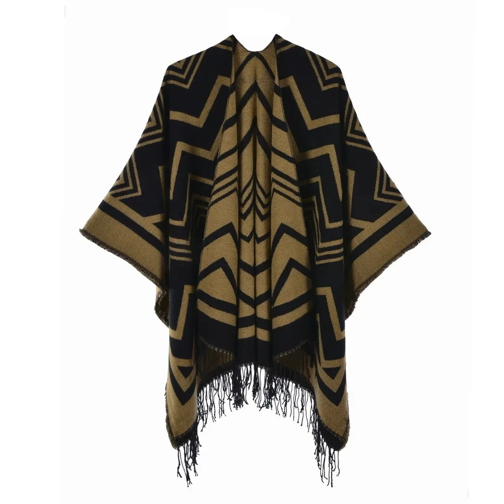 Autumn Winter Female Striped Tassel Double sided Split Warm Cape Women Imitation Cashmere Poncho Lady Capes Yellow  Cloaks