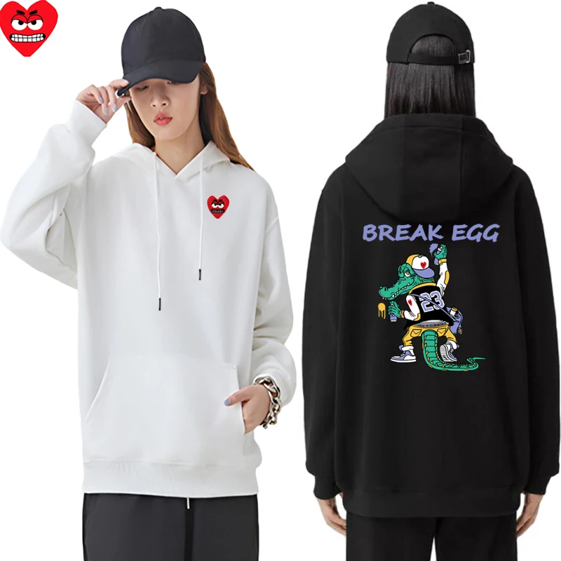 

Break Egg Women Hoodie Cotton Cartoon Cute Heart Embroidered Crocodile Printed Hoodie Pocket Wool Loose Autumn Casual Hoodie