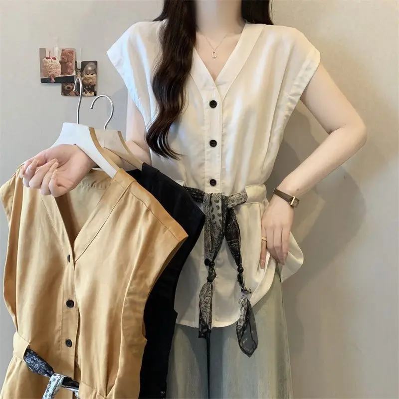 Summer Plus Size Women's New Arrival Solid Color Loose Slimming Versatile Korean Style Simple V-Neck Buttoned Scarf Shirt