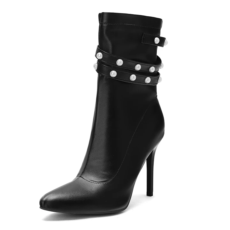 

Women Ankle Boots 34-50 Witches Dance Costume Dress Shoes Sexy Thin High Heels Size Zipper with Beading Leather Work Walkwear