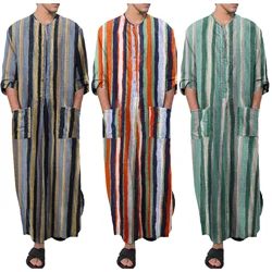 Men Ethnic Robe Vintage Striped Long Sleeve Muslim Kaftan Robe O Neck Buttons Islam Thobe Pockets Dubai Arabic Muslim Clothing