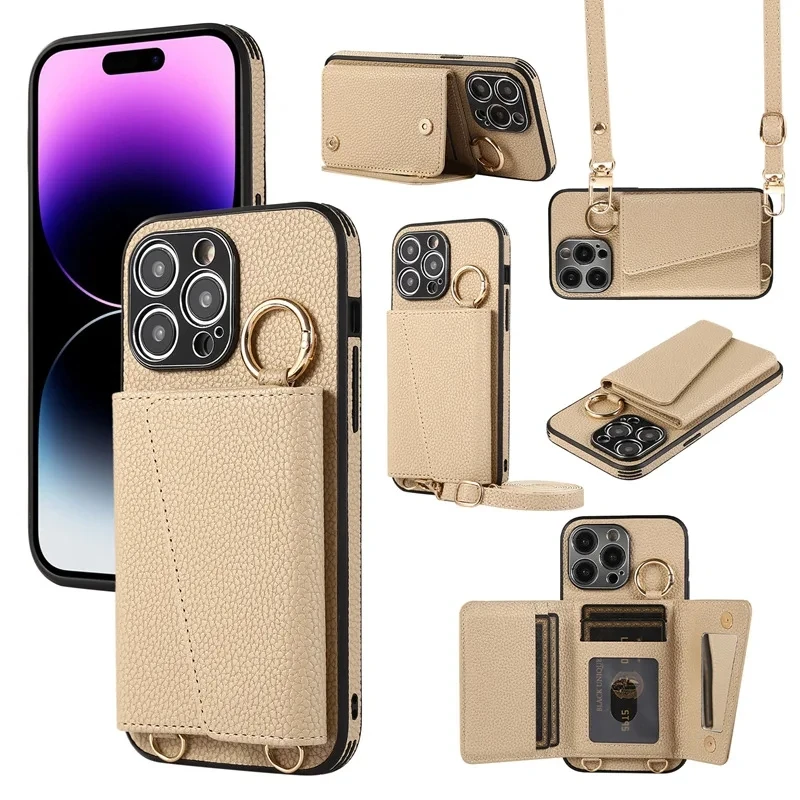 Etui na telefon z lusterkiem do makijażu Crossbody do iPhone\'a 16 15 Pro Max 14 16Pro 13 12 Uchwyt na kartę Kieszeń na kartę Skórzana smycz Pokrowiec