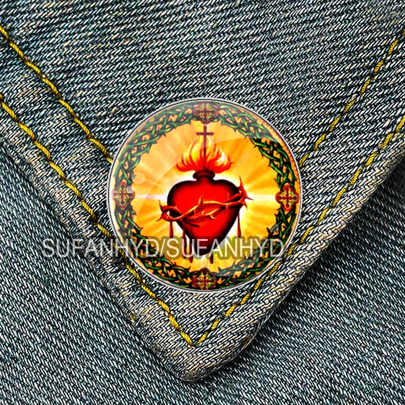 Stainless Steel Sacred Heart of Jesus Brooch for Women Catholic Man Badge Pins