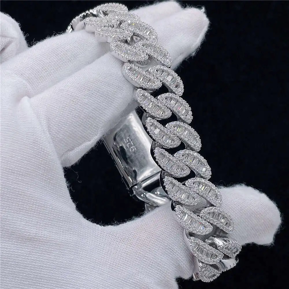 Custom Jewelry 15mm Width S925 Vvs Moissanite Diamond Gold Plated Ankle Cuban Bracelet Baguette