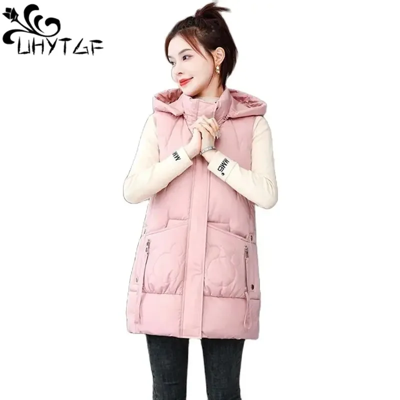 

Vests Women Mid-Length Removable Cap Casual Warm Autumn Winter Down Waistcoat Jacket Female Sleeveless Parker Cotton Coat 2410