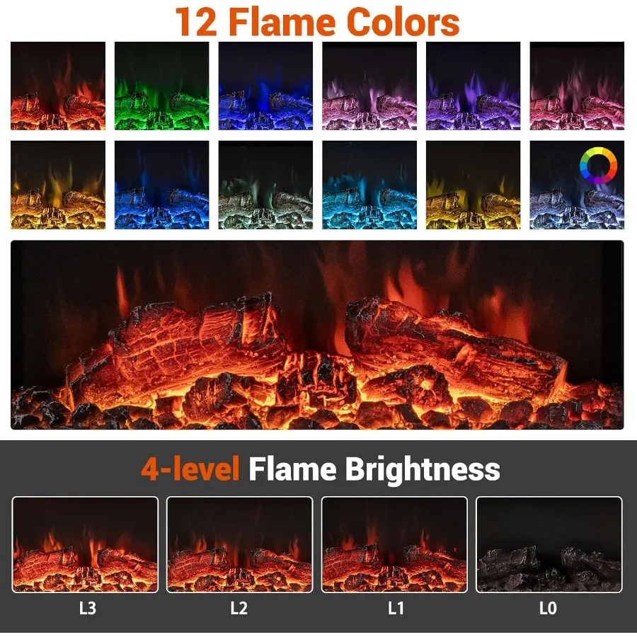 50inch Floating WallMounted Fireplace Mantel with 36inch 3Sided Design 1500W Heating Function LED Ambient Lighting Remote Contr