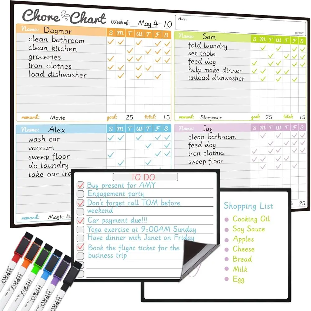 Whiteboard-Aufgabenplaner-Set für Kinder mit Bonus-Notizblöcken und Einkaufstafel - Ideal für mehrere Kinder, zur Verhaltenskontrolle