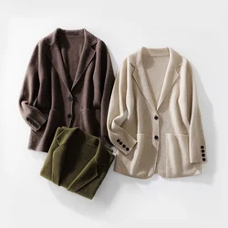 100%Goat Cashmere Knitted Cardigan Women's 2023 Autumn/Winter New Fashion POLO Neck Sweater Coat Korean Mid Length Jacket Female