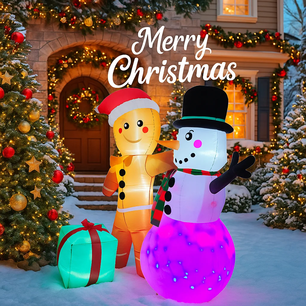 5.91FT Inflatable Toy Christmas Gingerbread Man Snowman Set Gift Xmas Yard Decoration LED Supplies Festive Gift Home Ornament