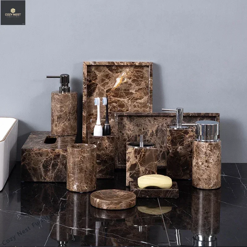 

Wholesale Customized Emperador Dark Natural Marble Stone Bathroom Set Deep Brown Toothbrush Holder Soap Dish Dispenser Kit