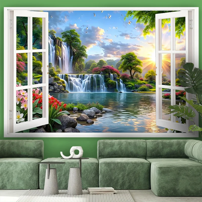 1PC Digital Print Tapestry Wall Hanging, Fake Window Forest Path Sunlight Trees Art, Nature Scenery 3D Window Wall Art Decor - view 2