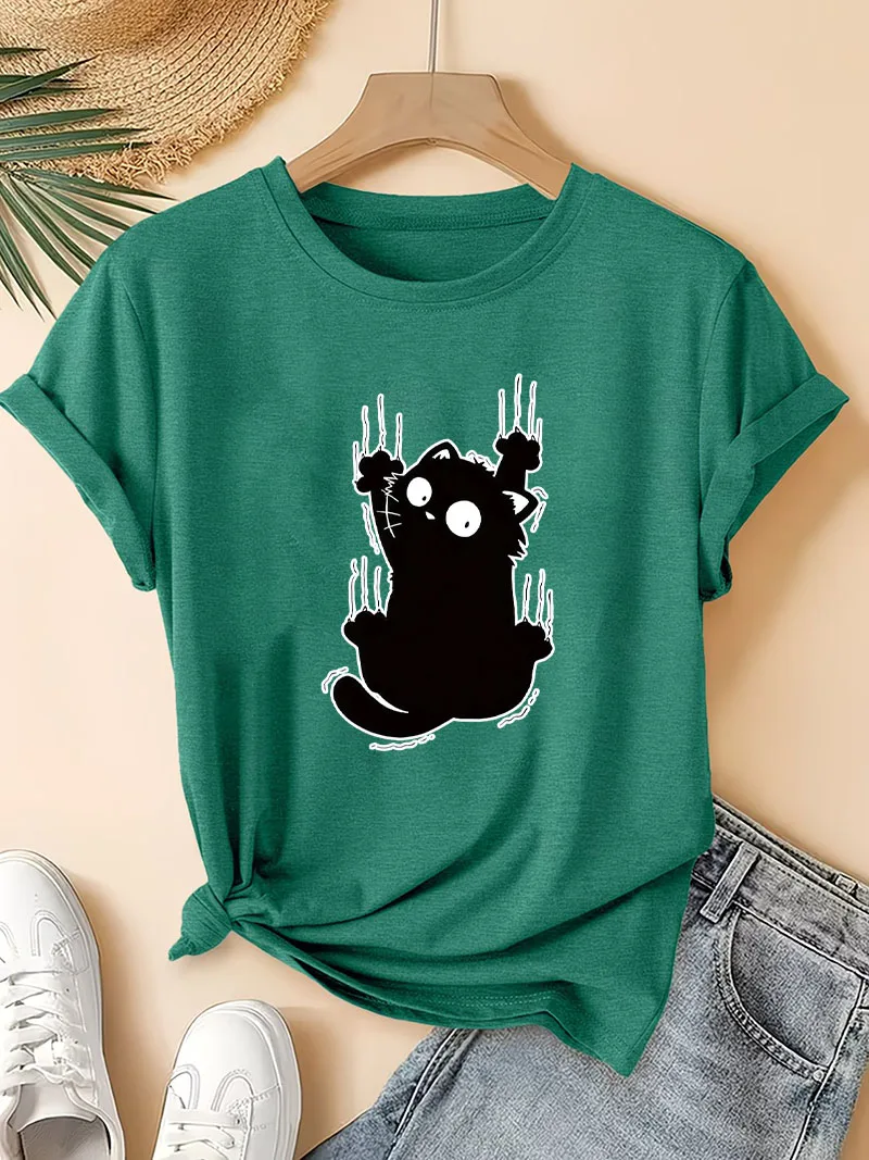 Funny Climb Cat Print T-Shirt Short Sleeve Women Elegant Breathable Cat Tshirt Fashion Graphic Tees Casual Clothes